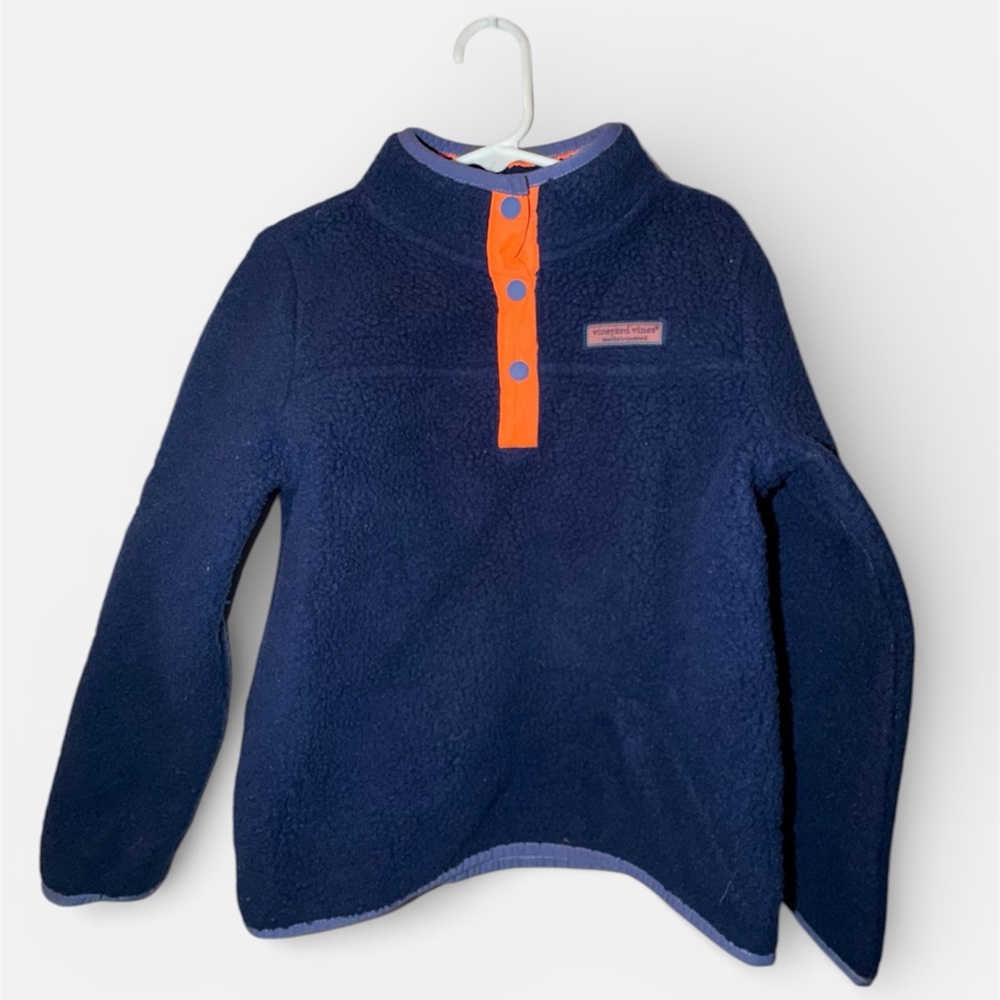 Vineyard Vines Navy Fleece Pullover with Orange Snap Placket - Kids